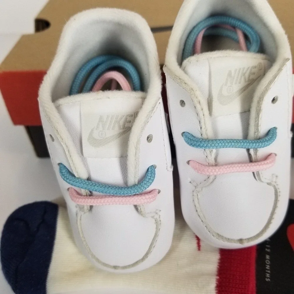 Nike Baby Crib Shoes White Leather Pink Blue Laces Infant Toddler‎ Vintage 90s